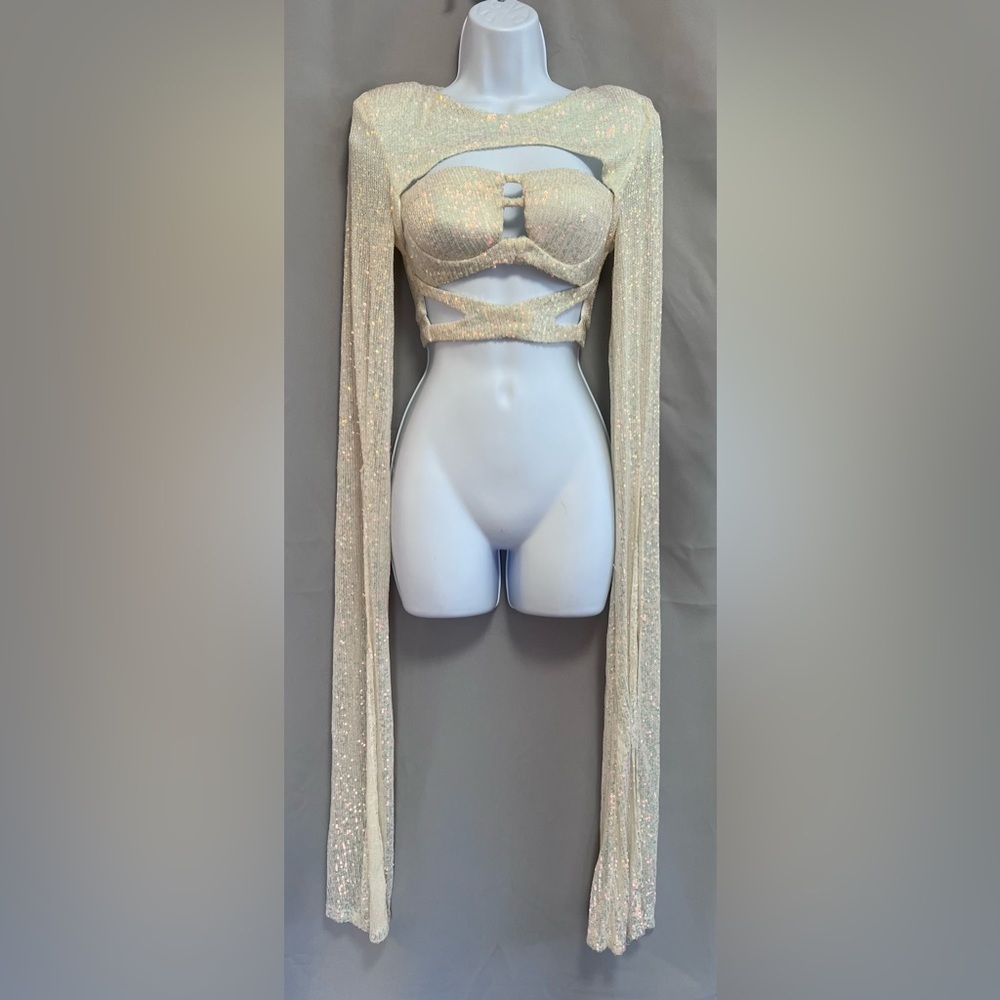 New Fashion Nova Top‎ Blouse White sparkling Sequin top Sz L Women’s